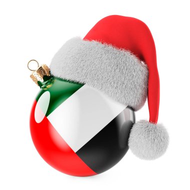 Birleşik Arap Emirlikleri bayrağı ve Noel Baba şapkasıyla Noel balosu. BAE 'de Noel ve Yeni Yıl, konsept. Beyaz arkaplanda 3B görüntüleme izole edildi