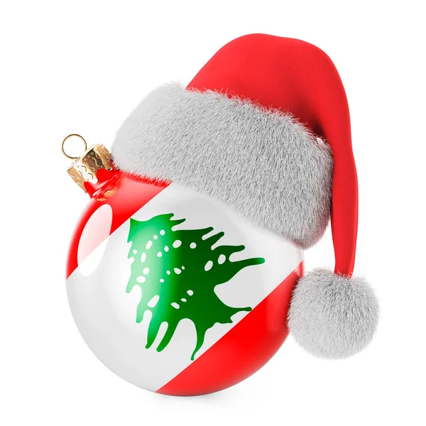 レバノンの旗とサンタクロースの帽子とクリスマスボール クリスマスとレバノンの新年 コンセプト 白い背景に隔離された3Dレンダリング — ストック写真