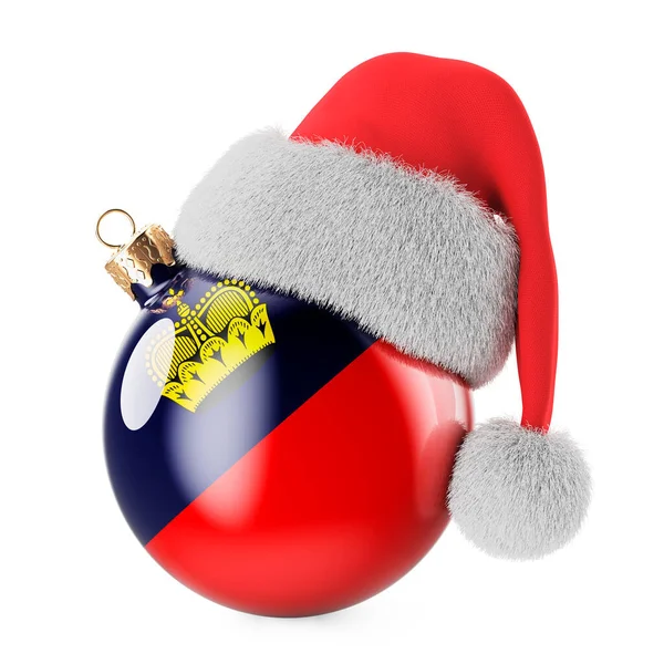 リヒテンシュタイナーフラグとサンタクロースの帽子とクリスマスボール リヒテンシュタインのクリスマスと新年 コンセプト 白い背景に隔離された3Dレンダリング — ストック写真