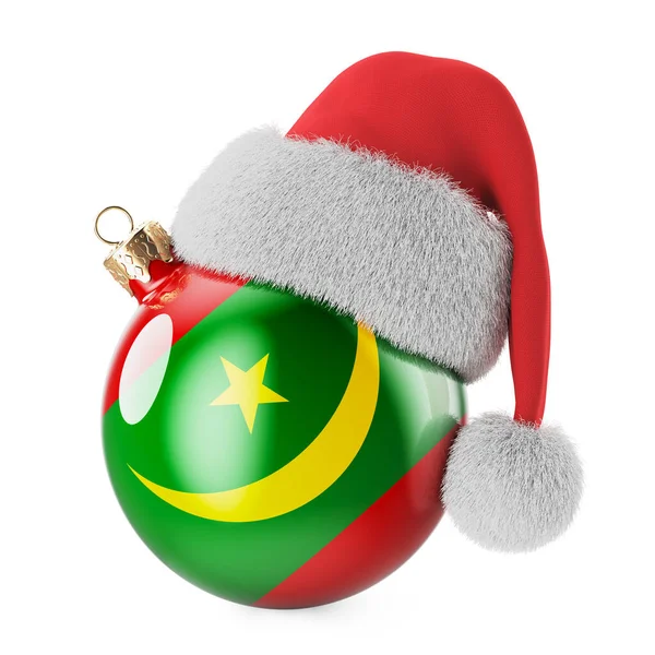 モーリタニアの国旗とサンタクロースの帽子のクリスマスボール モーリタニアのクリスマスと新年のコンセプト 白い背景に隔離された3Dレンダリング — ストック写真