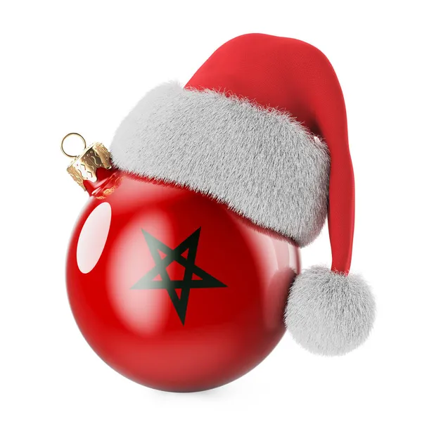 モロッコの旗とサンタクロースの帽子とクリスマスボール モロッコのクリスマスと新年のコンセプト 白い背景に隔離された3Dレンダリング — ストック写真