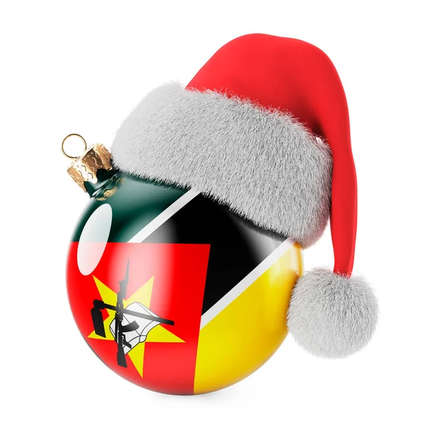 モザンビークの旗とサンタクロースの帽子を持つクリスマスボール モザンビークのクリスマスと新年のコンセプト 白い背景に隔離された3Dレンダリング — ストック写真