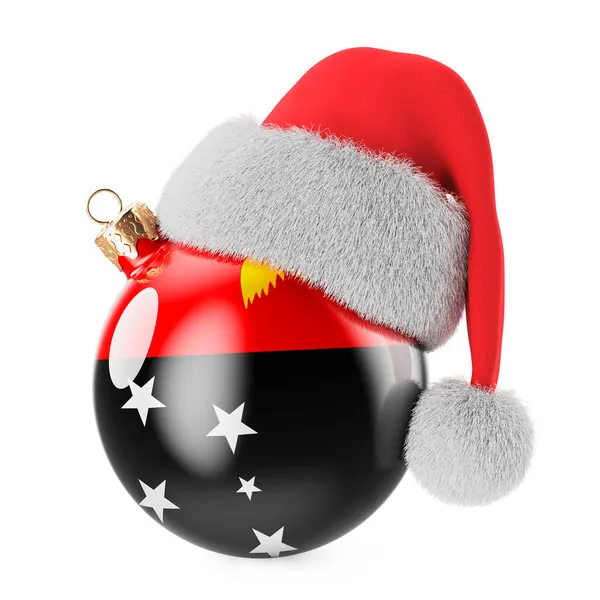 パプアンニューギニアンフラグとサンタクロースの帽子とクリスマスボール パプアニューギニアのクリスマスと新年のコンセプト 白い背景に隔離された3Dレンダリング — ストック写真
