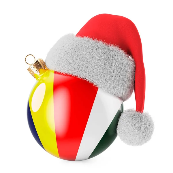 エルロワーズの旗とサンタクロースの帽子を持つクリスマスボール セイシェルのクリスマスと新年のコンセプト 白い背景に隔離された3Dレンダリング — ストック写真