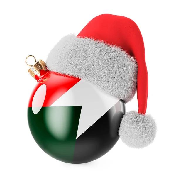 スーダンの国旗とサンタクロースの帽子を持つクリスマスボール スーダンのクリスマスと新年のコンセプト 白い背景に隔離された3Dレンダリング — ストック写真
