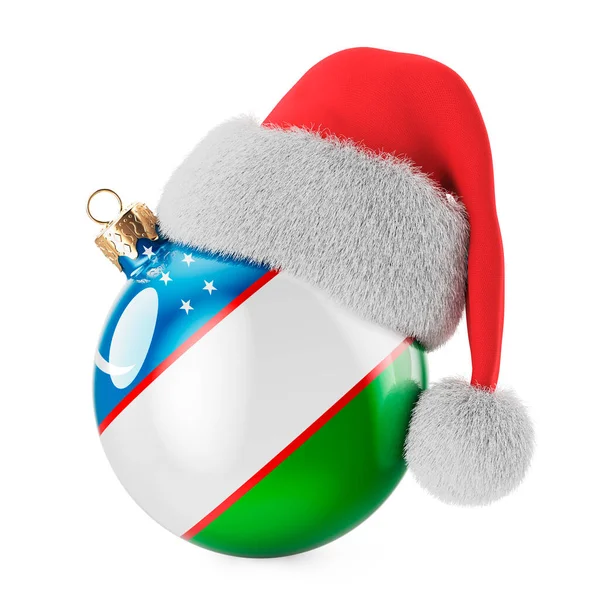 ウズベク語の旗とサンタクロースの帽子を持つクリスマスボール ウズベキスタンのクリスマスと新年のコンセプト 白い背景に隔離された3Dレンダリング — ストック写真