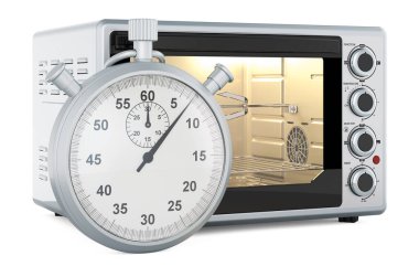 Kronometresi olan konveksiyon tost makinesi fırını, beyaz arkaplanda 3 boyutlu görüntüleme