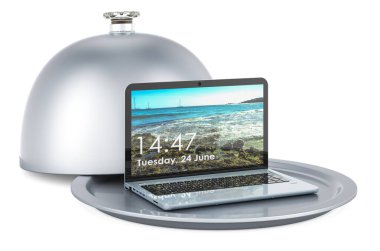 Laptoplu restoran saati. Beyaz arkaplanda 3B görüntüleme izole edildi