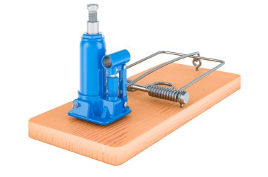 Fare kapanının içindeki hidrolik şişe Jack, beyaz arkaplanda 3 boyutlu görüntüleme