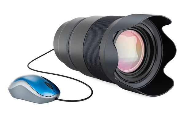 Camera Lens Computer Mouse Rendering Isolated White Background — Stock Photo, Image
