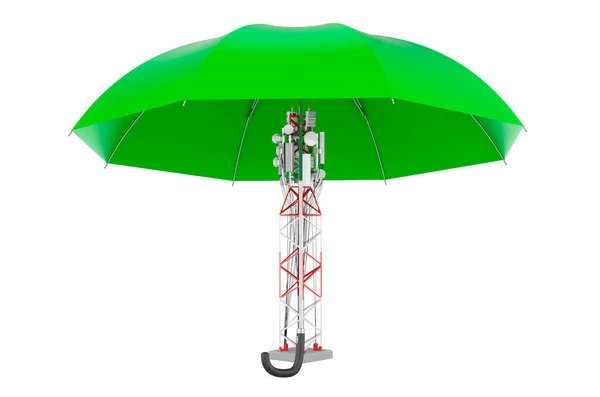 Mobiele Toren Met Mobiele Telefoonantennes Onder Paraplu Rendering Geïsoleerd Witte — Stockfoto
