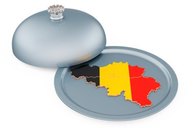 Belçika haritalı bir restoran saati. Beyaz arkaplanda 3B görüntüleme izole edildi