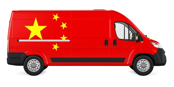 Ticari Teslimat Minibüsünde Çin Bayrağı Var Çin Nakliye Konsept Beyaz — Stok fotoğraf