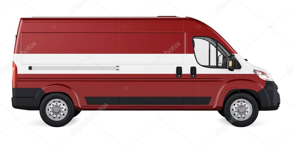 Latvian flag painted on commercial delivery van. Freight delivery in Latvia, concept. 3D rendering isolated on white background