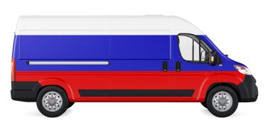 Rus bayrağı ticari teslimat minibüsüne boyanmış. Rusya 'ya nakliye, konsept. Beyaz arkaplanda 3B görüntüleme izole edildi