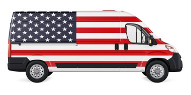 Amerikan bayrağı ticari teslimat minibüsüne boyanmış. ABD 'de nakliye, konsept. Beyaz arkaplanda 3B görüntüleme izole edildi