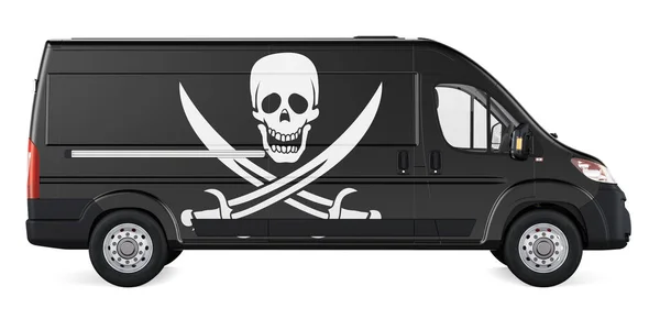 海賊旗付きの商用配達車 海賊密輸の概念 白い背景に隔離された3Dレンダリング — ストック写真