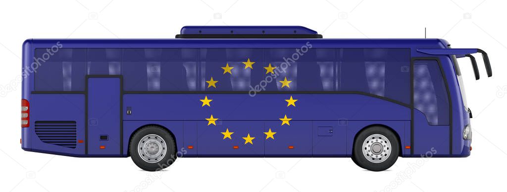 Bus travel in the European Union, European bus tours, concept. 3D rendering isolated on white background