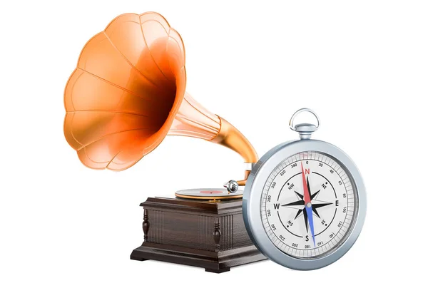Grammofoon Met Kompas Weergave Geïsoleerd Witte Achtergrond — Stockfoto