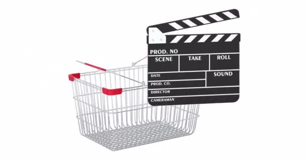 Clapperboard Adding Shopping Basket Animation Rendering Isolated White Background — 图库视频影像