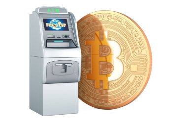 ATM ile Bitcoin, 3 boyutlu görüntüleme beyaz arkaplan üzerinde izole