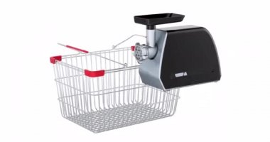 Electric meat grinder adding to shopping basket, 3d animation. 3D rendering isolated on white background