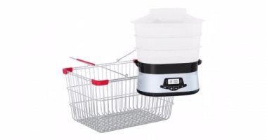 Food steamer adding to shopping basket, 3d animation. 3D rendering isolated on white background