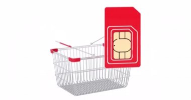 Sim card adding to shopping basket, 3d animation. 3D rendering isolated on white background