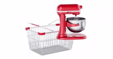 Stand mixer adding to shopping basket, 3d animation. 3D rendering isolated on white background