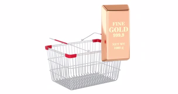 Gold Ingot Adding Shopping Basket Animation Rendering Isolated White Background — Vídeo de Stock