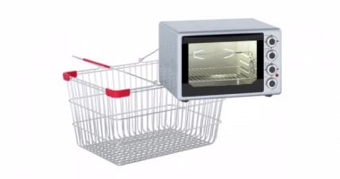 Konveksiyon tost makinesi fırını alışveriş sepetine ekleniyor, 3 boyutlu animasyon. Beyaz arkaplanda 3B görüntüleme izole edildi