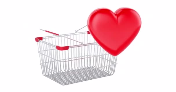 Red Heart Adding Shopping Basket Animation Rendering Isolated White Background — Stock Video