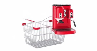 Kahve makinesi alışveriş sepetine ekleniyor, 3 boyutlu animasyon. Beyaz arkaplanda 3B görüntüleme izole edildi
