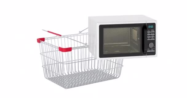 Forno Microondas Adicionando Carrinho Compras Animação Renderização Isolada Fundo Branco — Vídeo de Stock