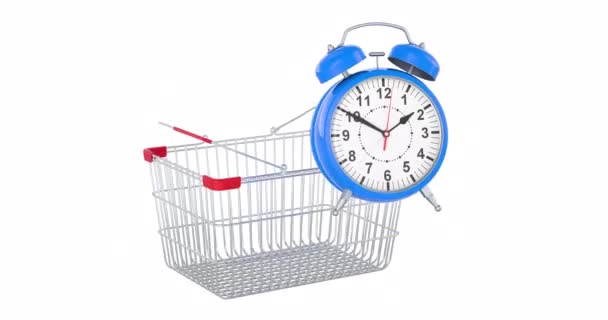 Alarm Clock Adding Shopping Basket Animation Rendering Isolated White Background — Stock Video