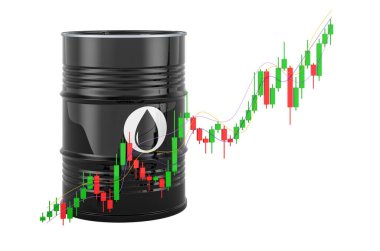 Japon şamdanlı yağ varili kırmızı ve yeşil çizelge petrol piyasasının yükseldiğini gösteriyor. Beyaz arkaplanda 3B görüntüleme izole edildi