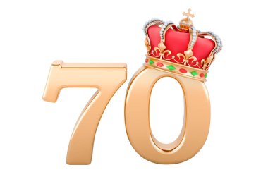 70th anniversary, golden 70 with crown, 3D rendering isolated on white background clipart