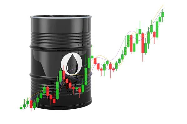 Нафтова Бочка Японським Свічковим Червоним Зеленим Графіком Показує Зростаючий Ринок — стокове фото