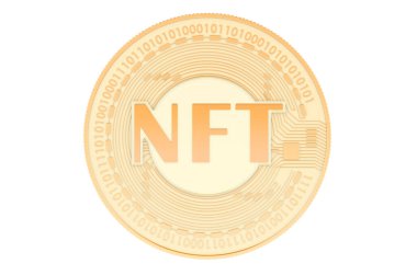 Altın NFT madeni para, 3D görüntüleme beyaz arkaplan üzerinde izole