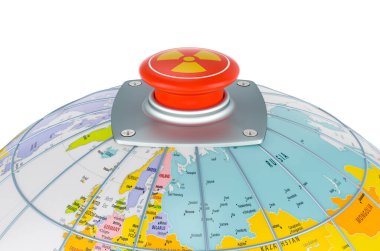 Global Nuclear Threat concept. Nuclear red button on the Earth Globe, 3D rendering isolated on white background clipart