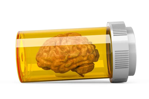 Человеческий Мозг Внутри Медицинской Бутылки Таблеток Концепция Мозга Наркотиков Рендеринг — стоковое фото