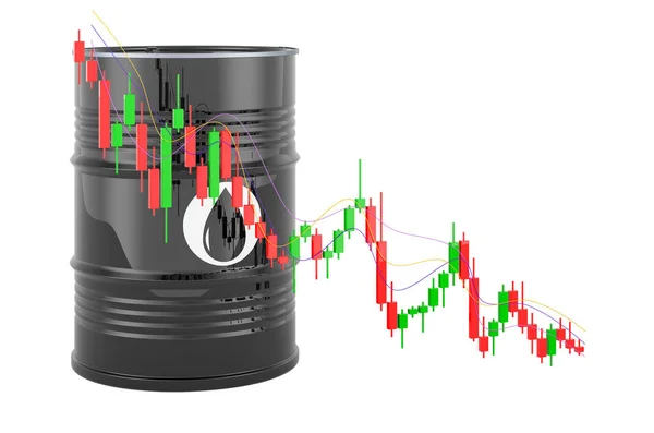 Ölfass Mit Kerzenständer Chart Zeigt Abwärtstrend Ölmarkt Konzept Rendering Isoliert — Stockfoto