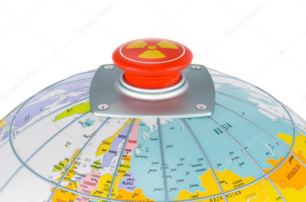 Global Nuclear Threat concept. Nuclear red button on the Earth Globe, 3D rendering isolated on white background