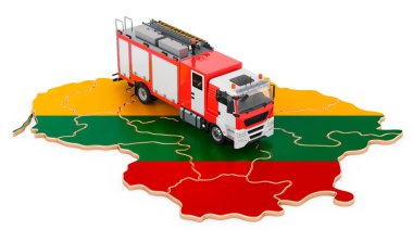 Litvanya 'daki itfaiye departmanı. Litvanya haritasında itfaiye kamyonu. Beyaz arkaplanda 3B görüntüleme izole edildi