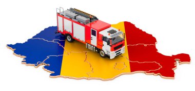 Romanya 'daki itfaiye. Romanya haritasında itfaiye kamyonu var. Beyaz arkaplanda 3B görüntüleme izole edildi