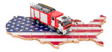 Amerika 'daki itfaiye departmanı. ABD haritasında itfaiye kamyonu var. Beyaz arkaplanda 3B görüntüleme izole edildi