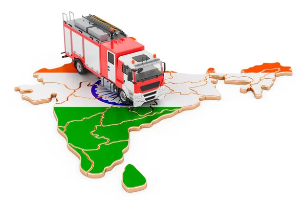 印度的消防部门 印度地图上的消防车在白色背景上孤立的3D渲染 — 图库照片