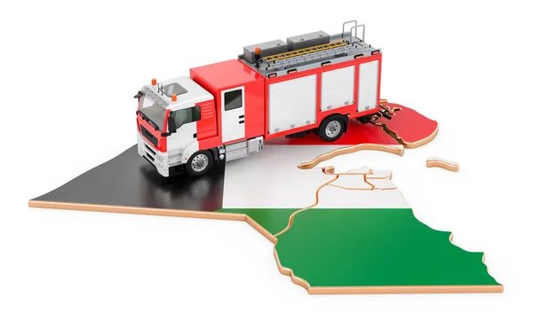 科威特的消防部门 科威特地图上的消防车 在白色背景上孤立的3D渲染 — 图库照片
