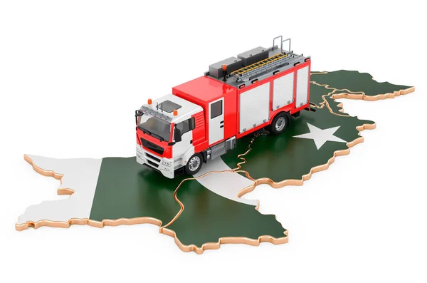巴基斯坦的消防部门 巴基斯坦地图上的消防车在白色背景上孤立的3D渲染 — 图库照片