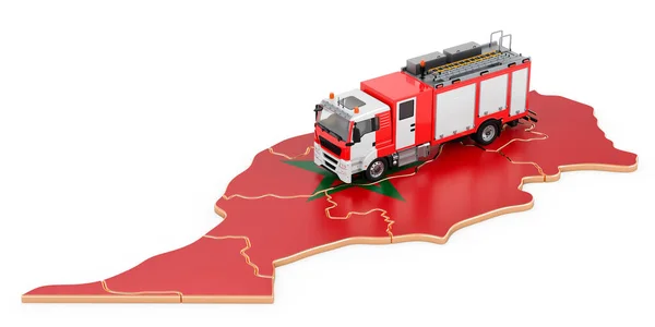 摩洛哥消防部门 摩洛哥地图上的消防车 在白色背景上孤立的3D渲染 — 图库照片